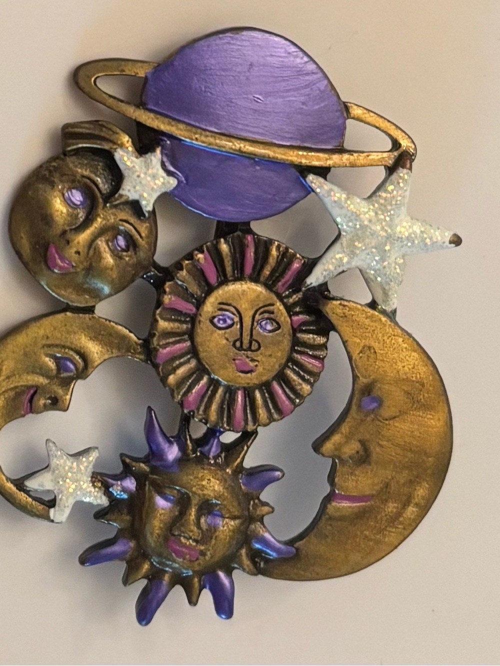 Vintage Celestial Sun, Moon & Stars Brooch - Purple & Gold Pin, Fun, Whimsical.